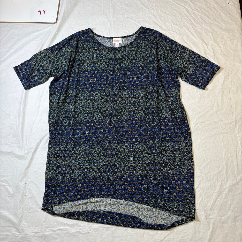 LuLaRoe Irma‎ Shirt Blue Yellow Geometric Print Short Sleeve Women's Size S